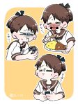  1girl brown_hair brown_sailor_collar can canned_coffee closed_eyes curry curry_rice food kantai_collection multiple_views onigiri ponytail rice sailor_collar shikinami_(kancolle) shirt tsubutarou upper_body white_shirt wince 