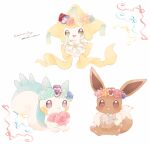  :d absurdres commentary_request copyright_name dated eevee flower flower_wreath highres holding holding_flower jirachi mkt_(buizu-miki) no_humans open_mouth pachirisu pink_flower pokemon pokemon_(creature) ribbon signature smile white_background white_flower 