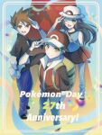  1girl 2boys :d ;d bangs baseball_cap black_footwear blue_oak brown_eyes brown_hair commentary_request fanny_pack grey_bag hand_on_headwear hat highres leaf_(pokemon) long_hair loose_socks multiple_boys one_eye_closed open_mouth pants pleated_skirt pokemon pokemon_(game) pokemon_frlg purple_pants purple_wristband red_(pokemon) red_headwear red_skirt ryusa_(gjgd7445) shirt shoes short_hair short_sleeves skirt sleeveless sleeveless_jacket smile socks spiked_hair standing t-shirt v white_headwear wristband 