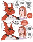  &lt;3 absurd_res ambiguous_gender anthro bandai_namco biped black_sclera bodily_fluids clothed clothing comic dialogue digimon digimon_(species) duo english_text female guilmon hi_res human looking_away mammal pink_eyes red_body saltyxodium simple_background speech_bubble sweat text white_background white_body yellow_eyes 