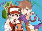  2boys ;d bangs baseball_cap black_eyes black_hair black_shirt blue_oak brown_eyes brown_hair bulbasaur charmander commentary_request hat highres jacket long_sleeves male_focus momotose_(hzuu_xh4) multiple_boys one_eye_closed open_clothes open_jacket open_mouth pokemon pokemon_(creature) pokemon_(game) pokemon_rgby purple_shirt red_(pokemon) red_headwear shirt short_hair smile sparkle spiked_hair squirtle starter_pokemon_trio teeth tongue 