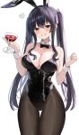  1girl absurdres alcohol animal_ears bare_arms bare_shoulders black_eyes black_hair black_leotard bow bowtie breasts chinese_zodiac cleavage collarbone cowboy_shot cup detached_collar drinking_glass fake_animal_ears grey_pantyhose grin hair_ribbon hairband hands_up highleg highleg_leotard highres holding large_breasts leotard long_hair looking_at_viewer nannung original pantyhose playboy_bunny rabbit_ears ribbon sidelocks simple_background skindentation smile smug solo standing strapless strapless_leotard thigh_gap thighs twintails very_long_hair white_background wine wine_glass wrist_cuffs year_of_the_rabbit 