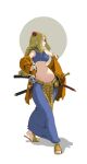  1girl agrias_oaks blonde_hair blue_eyes braid breasts final_fantasy final_fantasy_tactics flower full_body hair_flower hair_ornament highres jewelry katana medium_breasts midriff navel necklace rose solo stomach sword toeless_legwear toes weapon yunsuku 