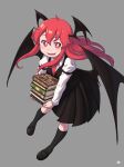  1girl :d absurdres bangs bat_wings bbyong403 book book_stack bright_pupils eyebrows_hidden_by_hair fang floating_hair from_above full_body grey_background hair_between_eyes head_wings highres holding holding_book kneehighs koakuma light_blush long_hair long_sleeves looking_at_viewer nail_polish necktie red_eyes red_hair red_nails red_necktie shirt shoes simple_background skirt smile socks solo touhou very_long_hair vest white_pupils wings 