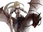  1girl absurdres armor blonde_hair breastplate commentary_request dragon fire_emblem fire_emblem:_three_houses green_eyes highres ingrid_brandl_galatea lance long_braid long_hair looking_at_viewer partial_commentary polearm riding sail_(sail-away) shoulder_armor simple_background solo vambraces very_long_hair weapon white_background wyvern 