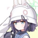  1girl animal_ears blue_archive blue_eyes halo helmet highres purple_hair rabbit_ears saki_(blue_archive) short_hair simple_background sorakuu white_background white_helmet 