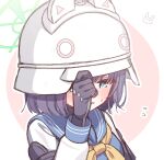  1girl animal_ears blue_archive blue_eyes halo helmet highres purple_hair rabbit_ears saki_(blue_archive) short_hair simple_background sorakuu white_background white_helmet 