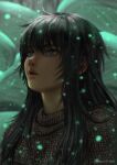  1girl aki_(akistrike) bangs berserk black_hair casca_(berserk) close-up commentary dark-skinned_female dark_skin english_commentary eye_reflection hair_between_eyes long_hair looking_up open_mouth outdoors reflection solo twitter_username 