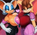  &lt;3 2023 anthro bat big_breasts bodily_fluids breasts brown_hair cleavage clothed clothing cranihum duo eyeshadow female female/female fur green_eyes hair hi_res huge_breasts lagomorph leporid makeup mammal mature_anthro mature_female rabbit rouge_the_bat sega simple_background smile sonic_the_hedgehog_(series) sweat tan_body tan_fur vanilla_the_rabbit white_hair yellow_eyes 