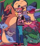  1boy absurdres backpack bag baseball_cap black_shirt blastoise brown_eyes brown_hair charizard closed_mouth green_background hat highres jacket lapras mukomaru open_hand pants pikachu poke_ball pokemon pokemon_(game) pokemon_frlg popped_collar red_(pokemon) red_background red_headwear red_jacket shirt shoes short_hair snorlax v-shaped_eyebrows venusaur wristband 