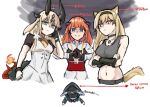  1other 3girls animal_ears arknights astrograph21 bagpipe_(arknights) black_choker black_gloves black_hairband blonde_hair choker commentary crop_top doctor_(arknights) dress flame-tipped_tail gloves green_eyes grey_tank_top hairband horn_(arknights) horns long_hair looking_at_viewer midriff multiple_girls navel orange_hair palm-fist_greeting purple_eyes red_eyes reed_(arknights) reed_the_flame_shadow_(arknights) shirt short_sleeves stomach tail tank_top white_dress white_shirt wolf_ears wolf_tail 