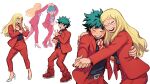  1boy 1girl ? black_shirt blonde_hair blush boku_no_hero_academia breasts closed_eyes collared_shirt commentary dancing formal freckles full_body green_hair happy high_heels highres holding_hands jacket lc._universe long_hair long_sleeves looking_at_another midoriya_izuku necktie open_mouth pants red_footwear red_jacket red_necktie red_pants red_suit shirt shoes short_hair simple_background smile standing striped_necktie suit symbol-only_commentary v white_background white_footwear 