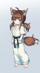  1girl ahoge animal_ear_fluff animal_ears bangs barefoot belt black_belt blunt_bangs blush bright_pupils brown_eyes brown_hair clenched_hand closed_mouth dougi feet fox_ears fox_girl fox_tail full_body hair_over_shoulder hair_tie highres karate kuma-bound long_hair looking_at_viewer low_twintails original sidelocks simple_background solo standing tail tail_raised toes twintails white_pupils 