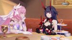  2girls ahoge armor bangs black_hair breasts cake candy cleavage couch cup elf elysia_(honkai_impact) elysia_(miss_pink_elf)_(honkai_impact) food gloves hand_on_own_cheek hand_on_own_face hand_on_table highres holding holding_cup honkai_(series) honkai_impact_3rd horns large_breasts logo long_hair looking_at_another multiple_girls official_art official_wallpaper open_mouth pink_eyes pink_hair pointy_ears raiden_mei raiden_mei_(herrscher_of_thunder) red_horns shoulder_armor sitting smile talking white_gloves white_headwear 
