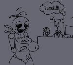  analognsfw anthro areola beakless bib big_breasts black_sclera breasts clothing duo female five_nights_at_freddy&#039;s five_nights_at_freddy&#039;s_2 grey_background hands_behind_head head_feathers head_tuft human inverted_nipples male mammal navel nipples panties rosy_cheeks scottgames sharp_teeth simple_background teeth text thick_thighs thought_bubble toy_chica_(fnaf) tuft underwear wide_hips 