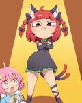  +_+ 2girls :&lt; ahoge animal_ears ankha_zone braid cat_ears cat_girl cat_tail clenched_hands commentary_request crossed_arms frown highres kaenbyou_rin komeiji_satori multiple_girls multiple_tails nekomata open_mouth parody pink_eyes pink_hair red_eyes red_hair spotlight spy_x_family suwaneko tail third_eye touhou twin_braids two_tails 