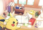  :d black_eyes blurry book card commentary_request curtains desk looking_back nao_(naaa_195) no_humans open_mouth pencil photo_(object) pikachu pokedex pokemon pokemon_(creature) poketch pokewalker scissors smile solo watch window wristwatch 
