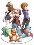  1girl 2boys absurdres belt belt_buckle black_belt black_shirt blue_oak brown_hair buckle bulbasaur charmander closed_mouth commentary_request gonzarez green_(pokemon) hand_in_pocket hand_on_headwear hand_up hat highres holding holding_poke_ball jacket long_hair multiple_boys open_clothes open_jacket pants poke_ball poke_ball_(basic) pokemon pokemon_(game) pokemon_lgpe purple_shirt red_(pokemon) red_headwear red_jacket shirt shoes shorts spiked_hair squirtle standing starter_pokemon_trio white_background 
