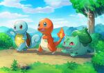  :d bright_pupils bulbasaur bush charmander closed_mouth cloud commentary_request fangs flame-tipped_tail grass open_mouth outdoors pokemon pokemon_(creature) red_eyes rock sambread sky smile squirtle standing starter_pokemon_trio tongue tree white_pupils 
