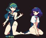  2girls 4qw5 ankleband apron aqua_belt aqua_hair aqua_ribbon aqua_wristband arm_ribbon arm_up bangs barefoot belt black_background black_eyes blue_hair breasts cape green_apron green_headwear groin hairband haniyasushin_keiki head_scarf jewelry kneeling long_hair looking_at_viewer magatama magatama_necklace medium_breasts medium_hair multicolored_hairband multiple_girls naked_apron naked_cape necklace pixel_art rainbow_order ribbon seiza simple_background sitting tenkyuu_chimata thigh_strap touhou white_cape wristband 