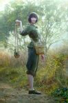  1girl bag bangs belt black_hair brown_belt bush floral_background grass holding military military_uniform non-web_source oil_painting_(medium) original painting_(medium) pants pants_rolled_up pouch realistic short_hair sleeves_rolled_up smile traditional_media tree uniform zhang_da_zhong 