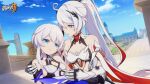  2girls ahoge armor bangs bare_shoulders blue_eyes breasts cleavage day earrings eyebrows_hidden_by_hair high_ponytail highres honkai_(series) honkai_impact_3rd jewelry kiana_kaslana kiana_kaslana_(herrscher_of_flamescion) logo looking_at_another multiple_girls official_art official_wallpaper open_mouth sky small_breasts theresa_apocalypse theresa_apocalypse_(violet_executer) upper_body white_armor white_hair 