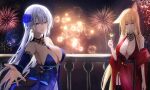  2girls absurdres aerial_fireworks armpits backlighting bare_shoulders blonde_hair blue_dress blue_eyes breasts cleavage cocktail_dress cocktail_glass commission cup dana_(hapong07) detached_collar detached_sleeves dress drinking_glass earrings feather_boa fireworks flower garter_straps hair_flower hair_ornament hand_up highres holding jewelry large_breasts long_hair looking_at_viewer multiple_girls night no_bra original red_dress rose side_slit smile strapless strapless_dress very_long_hair white_hair 