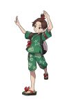  1boy absurdres arms_up artist_request backpack bag bangs_pinned_back blush brown_eyes brown_hair collarbone cross-laced_clothes florian_(pokemon) forehead full_body green_shirt green_shorts grin hair_tie happy highres leg_up light_blush male_focus multicolored_footwear official_art outline pocket pokemon print_shirt print_shorts sandals shirt short_hair short_sleeves shorts sidelocks simple_background smile solo standing standing_on_one_leg teeth topknot transparent_background white_outline 