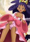  1girl :d bandaid bandaids_on_nipples bangs blush breasts breasts_out brown_eyes cameltoe commentary_request commission dark-skinned_female dark_skin eyelashes hair_rings hand_up highres iris_(pokemon) long_hair looking_down no_bra open_mouth panties pasties pink_panties pink_skirt pixiv_commission pokemon pokemon_(game) pokemon_bw2 purple_hair shirt skirt small_breasts smile solo sparkle tiara tooo underwear white_shirt wide_sleeves 