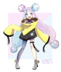  1girl :d absurdres aqua_hair bangs blush boots character_hair_ornament commentary_request dodotsuki full_body grey_footwear grey_pantyhose grey_shirt hair_ornament highres iono_(pokemon) jacket long_hair multicolored_hair open_mouth pantyhose pigeon-toed pokemon pokemon_(game) pokemon_sv purple_eyes purple_hair sharp_teeth shirt single_leg_pantyhose sleeveless sleeveless_shirt sleeves_past_fingers sleeves_past_wrists smile solo standing star_(symbol) star_print teeth thigh_strap tongue translation_request twintails two-tone_hair upper_teeth_only yellow_jacket 