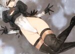 1girl black_gloves blindfold boots feather_trim gloves highleg highleg_leotard leotard mole mole_under_mouth nier:automata nier_(series) open_mouth thigh_boots thighhighs toi8 white_hair yorha_no._2_type_b 
