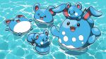  :d afloat azumarill azurill blacknirrow bright_pupils commentary evolutionary_line highres lying marill no_humans on_back on_head open_mouth outline pokemon pokemon_(creature) pokemon_on_head smile tongue water white_pupils 