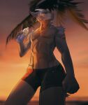  2021 anthro black_bottomwear black_clothing black_pants blurred_background bottle bottomwear cheek_tuft closed_smile clothed clothing container dated dragon eyelashes facial_tuft front_view fur furred_dragon glistening glistening_eyes grey_body grey_fur hi_res holding_bottle holding_container holding_object horn jek_(character) looking_at_viewer looking_down_at_viewer male mouth_closed navel outside palm_tree pants plant portrait shoulder_tuft solo standing striped_arms stripes three-quarter_portrait topless tree tuft unknowhiter white_horn yellow_stripes 