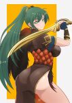 1girl ass breasts brown_dress commentary cowboy_shot dress fire_emblem fire_emblem:_the_blazing_blade fire_emblem_heroes from_behind green_eyes green_hair highres holding holding_sword holding_weapon ihsnet large_breasts long_hair looking_at_viewer looking_back lyn_(fire_emblem) official_alternate_costume ponytail short_sleeves smile solo standing sword thighs very_long_hair weapon 