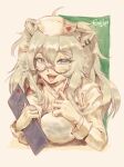  1girl animal_ear_fluff animal_ears artist_name bangs blue_eyes border breasts brown_border clipboard ear_piercing empikuro glasses gloves green_background grey_hair hair_between_eyes hat highres holding holding_clipboard hololive jacket large_breasts lion_ears long_hair looking_at_viewer mask_pull nurse nurse_cap open_mouth piercing shishiro_botan smile solo virtual_youtuber white_gloves white_jacket 