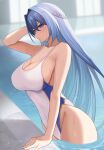  1girl blue_eyes blue_hair braid breasts cleavage commentary_request competition_swimsuit cowboy_shot goddess_of_victory:_nikke helm_(nikke) highleg highleg_swimsuit highres large_breasts long_hair one-piece_swimsuit pool poolside solo swimsuit two-tone_swimsuit wabimochi 