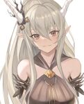  arknights bangs bare_shoulders breasts brown_dress brown_eyes character_request closed_mouth commentary_request dress grey_hair hair_between_eyes horns large_breasts looking_at_viewer pointy_ears ponytail simple_background smile touchika upper_body white_background 