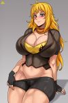  1girl absurdres black_gloves blonde_hair breasts cameltoe cleavage clothes_pull fingerless_gloves gloves groin highres huge_breasts jmg long_hair mixed-language_commentary navel partially_visible_vulva pulled_by_self pulling purple_eyes rwby shorts shorts_pull smile yang_xiao_long 