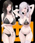  2girls bikini black_bikini black_hair braid brand_name_imitation breasts cleavage collarbone eyes_visible_through_hair gradient_hair grey_hair hair_over_one_eye highres jahmonger large_breasts logo_parody long_braid long_hair looking_at_viewer mole mole_under_eye multicolored_hair multiple_girls navel nijisanji orange_eyes pornhub purple_eyes shirayuki_tomoe side-tie_bikini_bottom single_braid stomach string_bikini sukoya_kana swimsuit twintails virtual_youtuber 