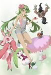  1girl :d absurdres bangs bare_arms breasts cleavage commentary_request dark-skinned_female dark_skin fletchling flower footwear_ribbon green_eyes green_footwear green_hair green_headband green_ribbon grey_overalls hand_up headband highres holding holding_poke_ball leg_up long_hair lurantis mallow_(pokemon) open_mouth overall_shorts overalls phantump pink_flower pink_shirt poke_ball pokemon pokemon_(creature) pokemon_(game) pokemon_sm ribbon shiinotic shirt shoes smile steenee swept_bangs twintails yeyiye_(2954504619) 