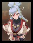  1girl bangs black_border blunt_bangs blush border breasts brown_background covered_collarbone facial_mark flying_sweatdrops forehead_mark grey_hair hair_ornament hair_stick highres jewelry koda1ra large_breasts long_hair looking_at_viewer necklace paya_(zelda) pointy_ears sheikah solo sweat the_legend_of_zelda the_legend_of_zelda:_breath_of_the_wild trembling upper_body 