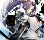  1girl adapted_turret black_gloves blue_dress cannon dress folded_fan folding_fan gloves gradient_background hand_fan hatsuharu_(kancolle) headgear highres hikimayu kantai_collection long_hair machinery ponytail purple_eyes purple_hair rigging sailor_dress shide smokestack solo sunday_aki thighhighs turret 