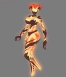  3_fingers absurd_res bethesda_softworks big_breasts breasts elemental_creature female fingers fire fire_creature flame_atronach glowing glowing_body hi_res horn humanoid kawaiiredpandas orange_body solo the_elder_scrolls thick_thighs 