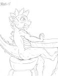  2017 anthro clenched_teeth dragon friendship_is_magic furniture hasbro hi_res male marcushunter my_little_pony nude raised_tail scales scalie side_view signature sitting solo spike_(mlp) stool table tail teeth western_dragon wide_eyed 