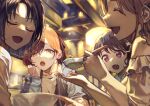  4girls asakura_toru black_hair blurry blurry_background bowl brown_hair chinese_spoon closed_eyes fang feeding food fukumaru_koito hair_ornament hairclip highres higuchi_madoka ichikawa_hinana idolmaster idolmaster_shiny_colors jacket lamp long_hair medium_hair multiple_girls noctchill_(idolmaster) open_mouth otsudou red_eyes restaurant short_hair skin_fang smile 