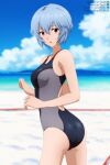  1girl ass ayanami_rei bangs bare_arms beach black_one-piece_swimsuit blue_hair blue_sky blurry blurry_background bob_cut breasts cloud competition_swimsuit cowboy_shot grey_one-piece_swimsuit hair_between_eyes highres medium_breasts neon_genesis_evangelion ocean one-piece_swimsuit open_mouth red_eyes short_hair shugo19 sky solo standing swimsuit two-tone_swimsuit 
