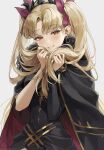  1girl absurdres bangs black_dress blonde_hair blush breasts cape cotta_(heleif) detached_collar dress earrings ereshkigal_(fate) fate/grand_order fate_(series) gold_trim grin hair_ribbon highres hood hooded_cape hoop_earrings jewelry long_hair looking_at_viewer medium_breasts orange_eyes parted_bangs ribbon short_dress single_sleeve smile solo spine tiara two_side_up 