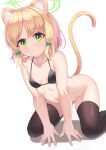  1girl :&lt; animal_ear_fluff animal_ears arched_back bangs bare_arms bikini bikini_top_only black_bikini black_thighhighs blonde_hair blue_archive bottomless bow breasts cat_ears cat_girl cat_tail collarbone expressionless eyelashes feet_out_of_frame green_bow green_eyes hair_bow halo highres kemonomimi_mode kneeling leaning_forward looking_at_viewer midori_(blue_archive) navel shadow short_hair small_breasts solo sonao string_bikini swimsuit tail tail_raised thighhighs white_background 
