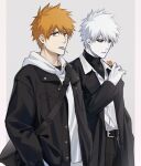  2boys bag black_jacket black_sclera bleach brown_eyes candy colored_sclera colored_skin food grey_skin highres holding holding_candy holding_food holding_lollipop hollow_ichigo hood hoodie jacket jewelry konetaa kurosaki_ichigo lollipop looking_at_viewer male_focus mouth_hold multiple_boys necklace shoulder_bag spiked_hair standing white_hoodie yellow_eyes 