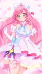  1girl absurdres ascot blue_bow blush bow cure_prism dress earrings elbow_gloves gloves green_eyes highres hirogaru_sky!_precure jewelry long_hair magical_girl nijigaoka_mashiro pink_hair precure single_earring solo sugimura_mickey white_ascot white_dress white_gloves 